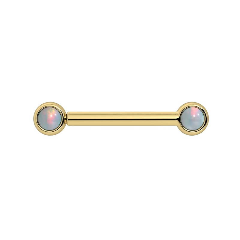 3mm Cabochon Bezel Nipple Barbell 14K Yellow Gold Opal 14G, 1/2″ (13mm)