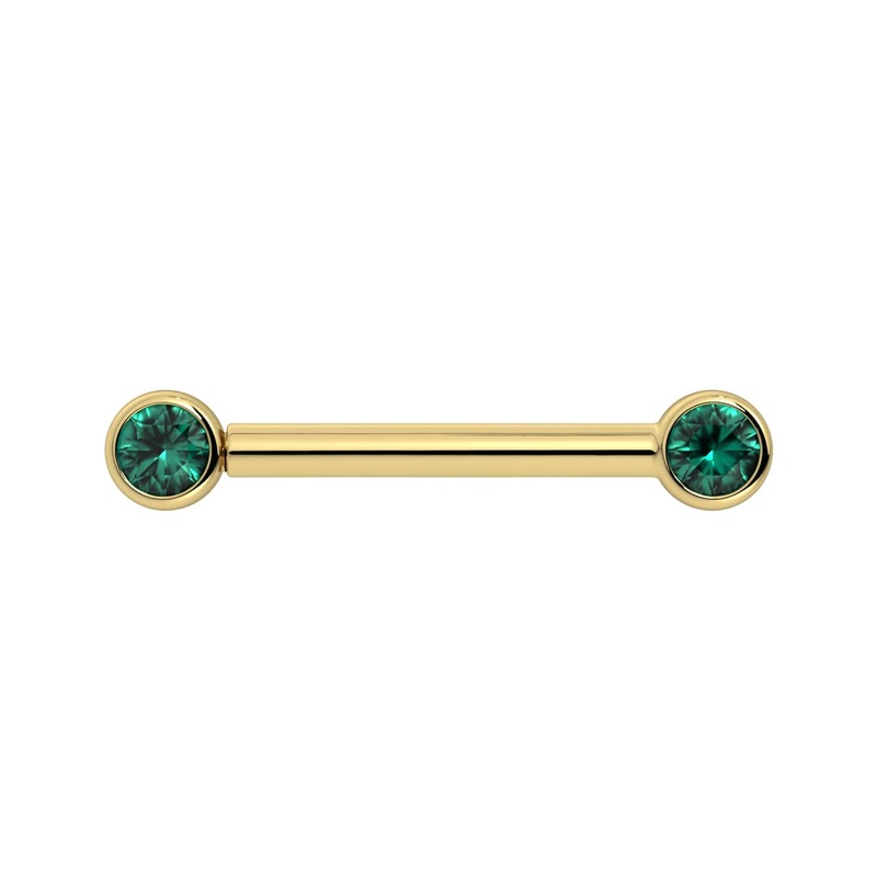 3mm Emerald Bezel 14K Gold Nipple Barbell 14K Yellow Gold 14G (1.6mm) 5/16″ (8mm)