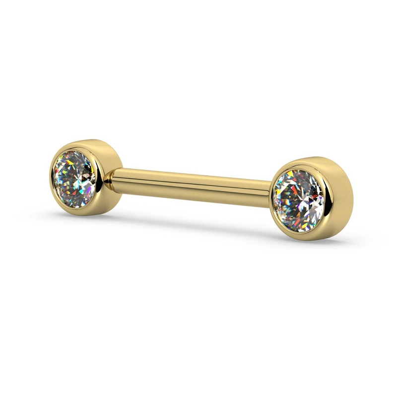4mm Diamond Bezel 14K Gold Nipple Barbell 14K Yellow Gold 14G (1.6mm) 5/16″ (8mm)