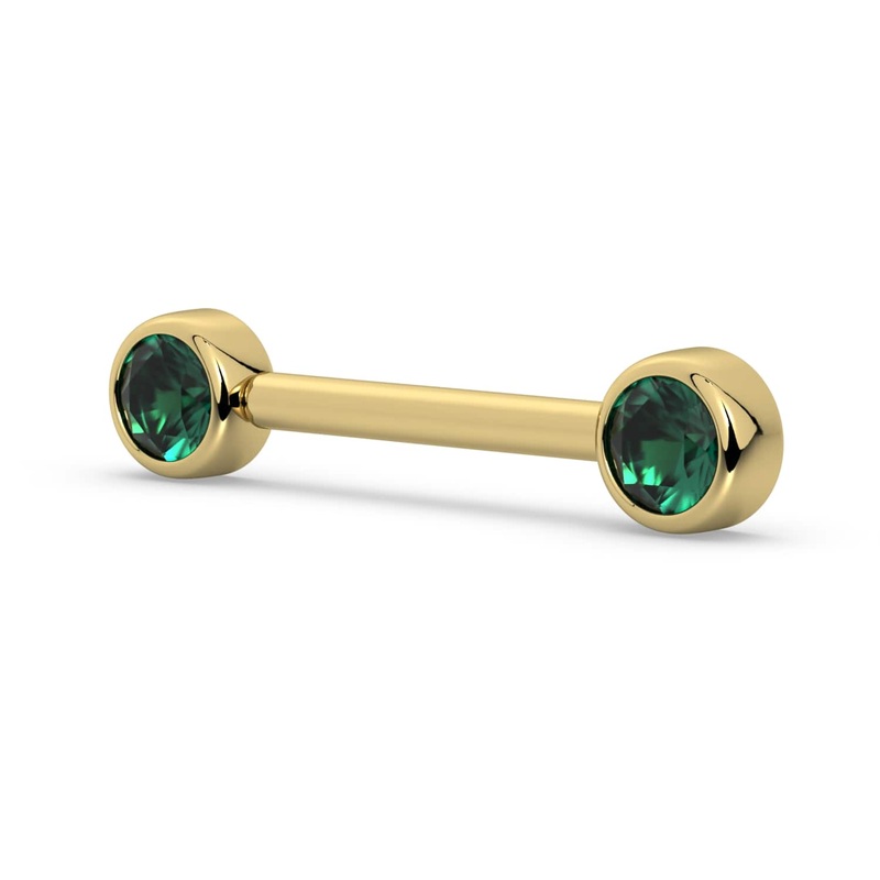 4mm Emerald Bezel 14K Gold Nipple Barbell 14K Yellow Gold 14G (1.6mm) 5/16″ (8mm)