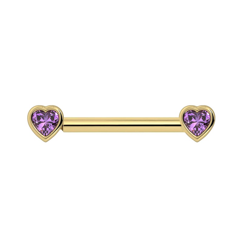 Amethyst Heart Nipple Barbell 14K Yellow Gold 14G (1.6mm) 1/2″ (13mm)