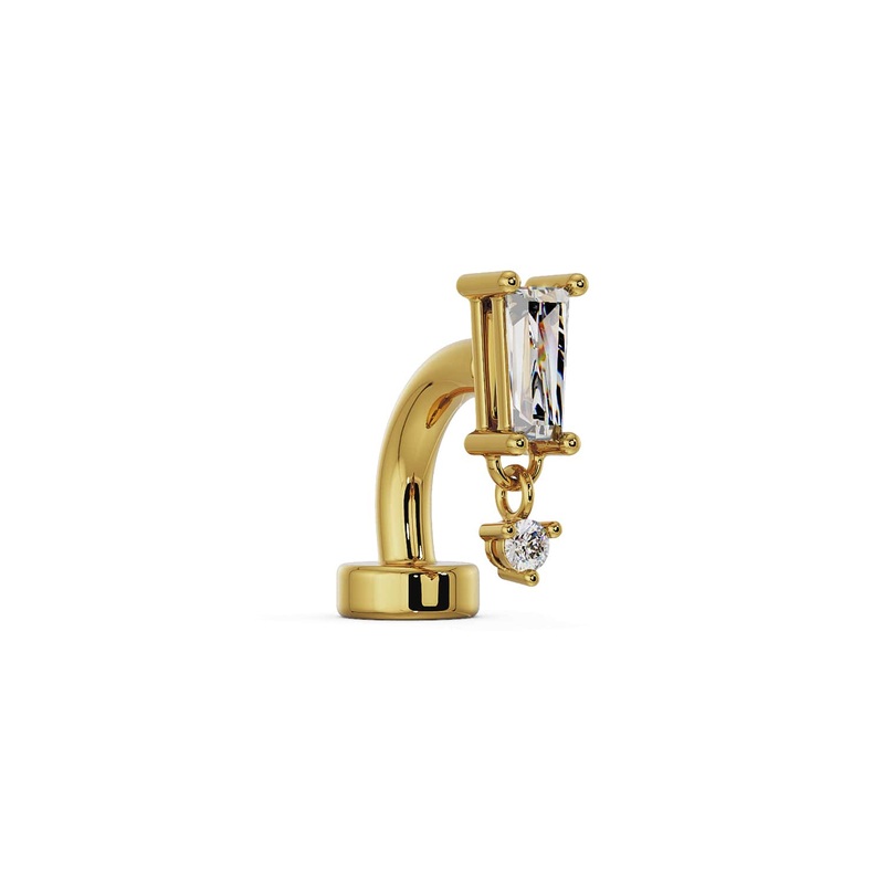 Baguette Drop Floating Navel Ring Cubic Zirconia 14K Yellow Gold 3/16″ (5mm)