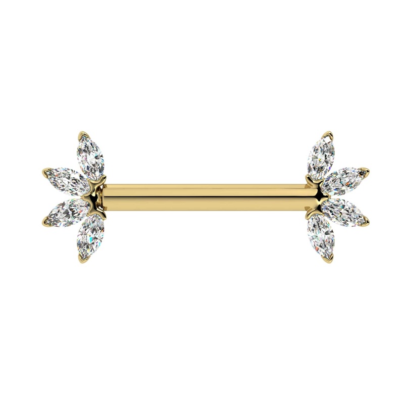 Cubic Zirconia Marquise Fan Nipple Barbell 14K Yellow Gold 14G (1.6mm) 5/16″ (8mm)