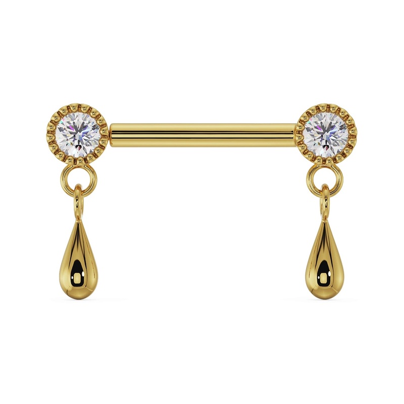 Dew Drop Nipple Ring Barbell  – Diamond or CZ Diamond 14K Yellow Gold 14G, 1/2″ (13mm)