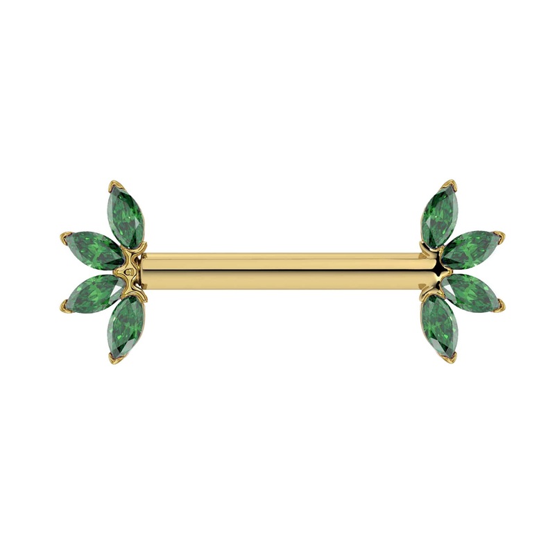Emerald Marquise Fan 14K Gold Nipple Barbell 14K Yellow Gold 14G (1.6mm) 5/16″ (8mm)