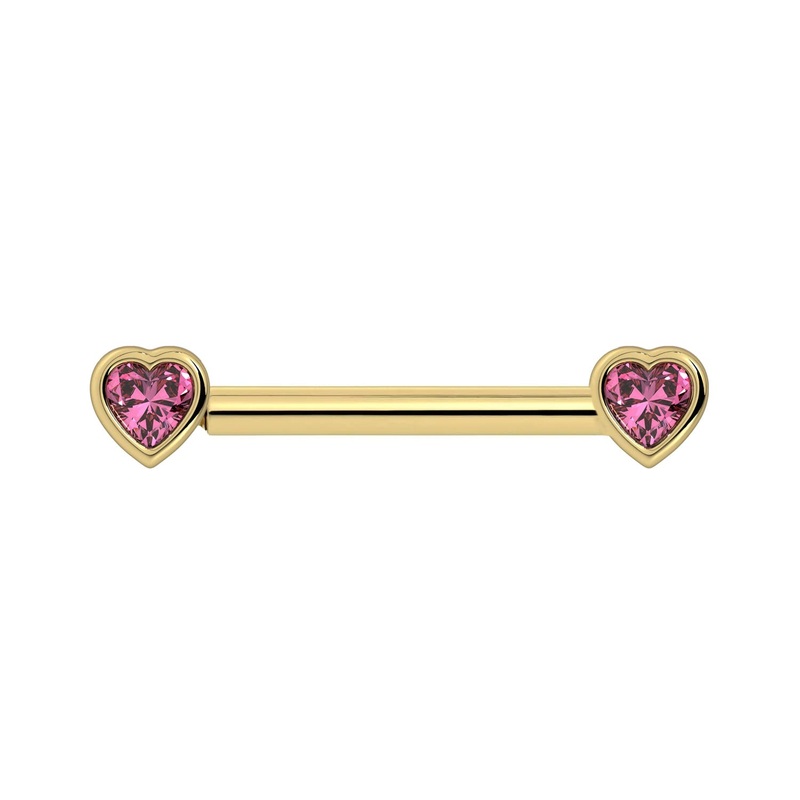 Pink Sapphire Heart Nipple Barbell 14K Yellow Gold 14G (1.6mm) 1/2″ (13mm)