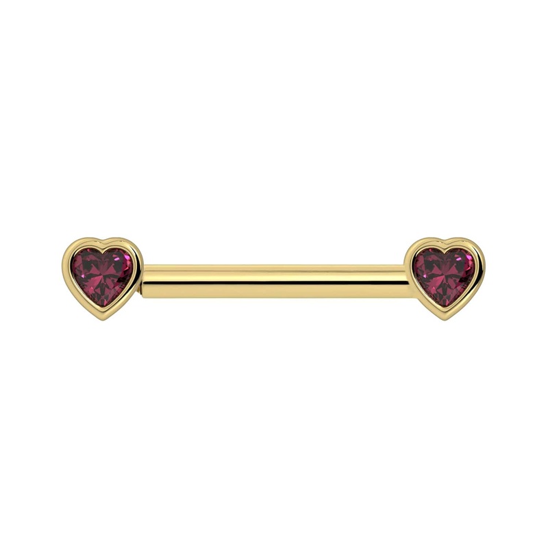 Rhodolite Garnet Heart Nipple Barbell 14K Yellow Gold 14G (1.6mm) 1/2″ (13mm)