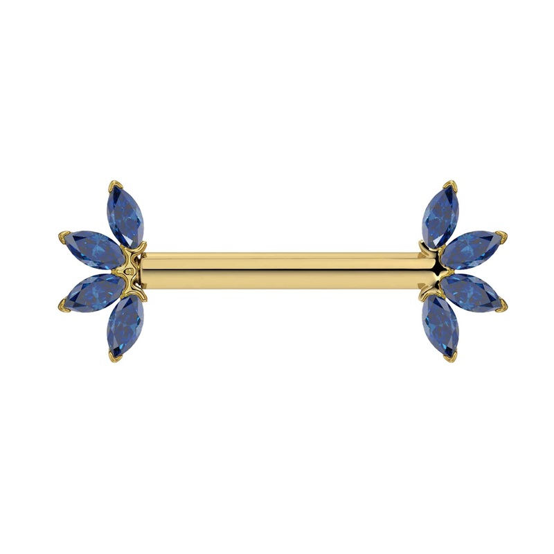 Sapphire Marquise Fan 14K Gold Nipple Barbell 14K Yellow Gold 14G (1.6mm) 5/16″ (8mm)