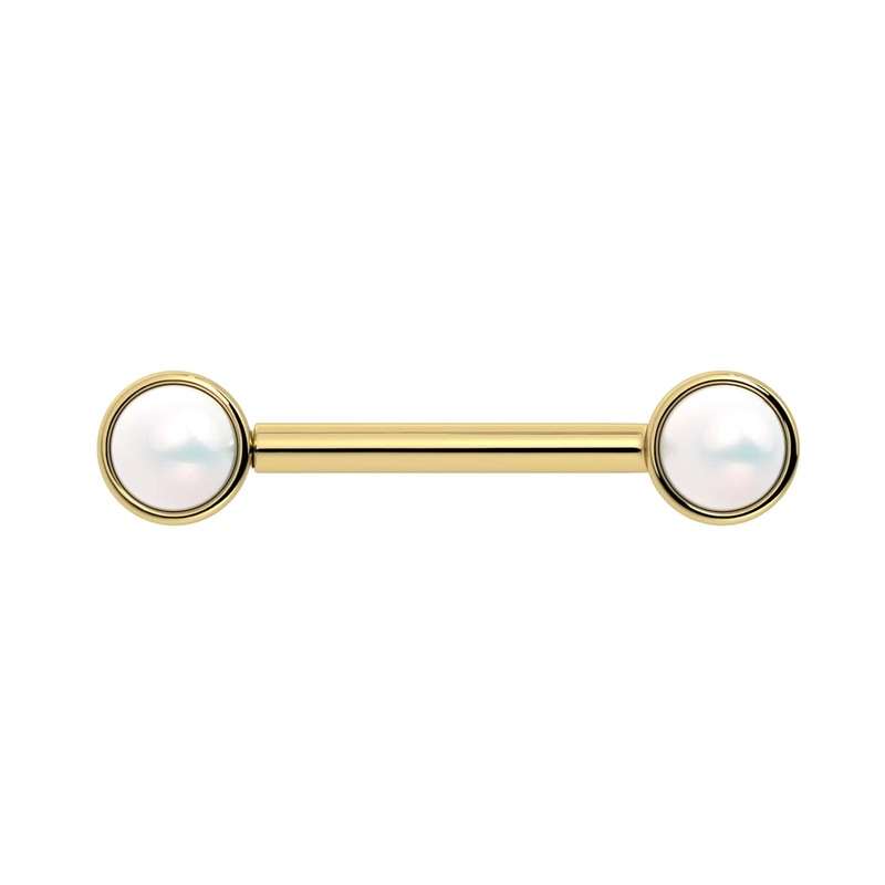 White Akoya Pearl 14K Gold Nipple Barbell 14K Yellow Gold 14G (1.6mm) 5/16″ (8mm)