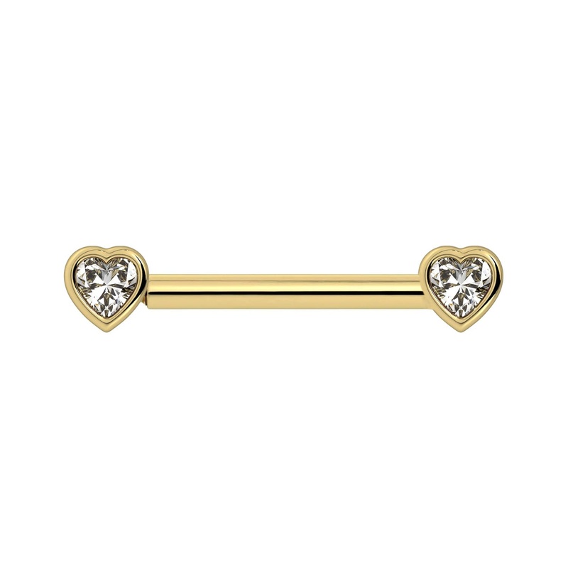 White Sapphire Heart Nipple Barbell 14K Yellow Gold 14G (1.6mm) 1/2″ (13mm)