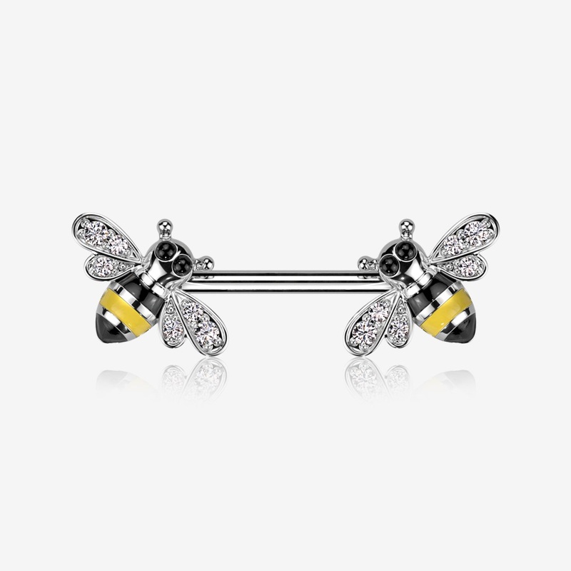 A Pair of Adorable Bumble Bee Sparkle Nipple Barbell 14 GA (1.6mm), 1/2″ (12mm)