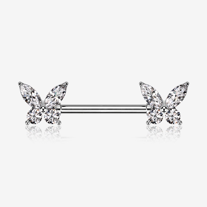 A Pair of Brilliant Sparkle Marquise Butterfly Nipple Barbell 14 GA (1.6mm), 1/2″ (12mm)