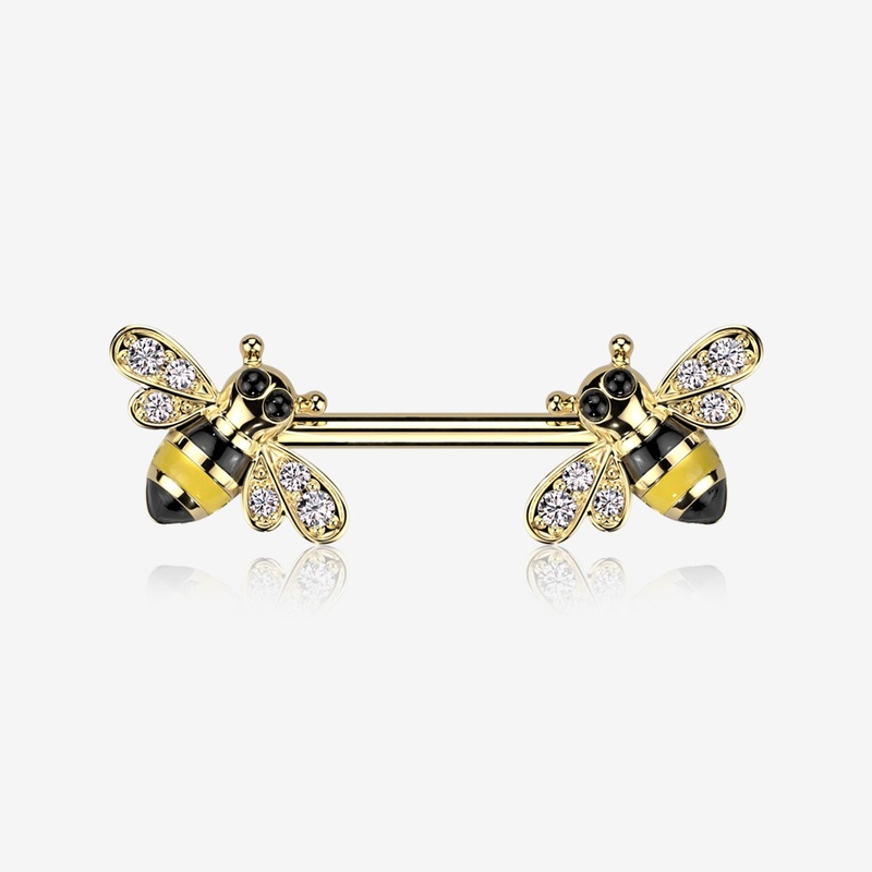 A Pair of Golden Adorable Bumble Bee Sparkle Nipple Barbell 14 GA (1.6mm), 1/2″ (12mm)