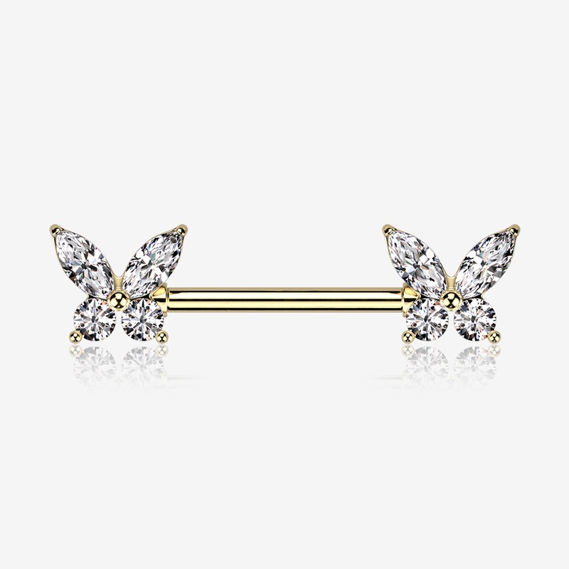 A Pair of Golden Brilliant Sparkle Marquise Butterfly Nipple Barbell 14 GA (1.6mm), 1/2″ (12mm)
