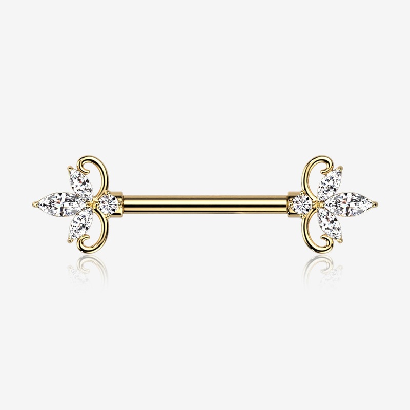 A Pair of Golden Royal Floral Spear Sparkle Elegance Nipple Barbell 14 GA (1.6mm), 1/2″ (12mm)