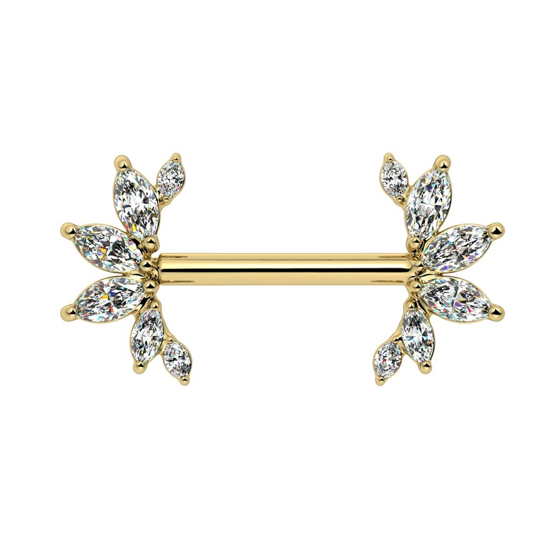 Angel Wing Nipple Barbell 14K Yellow Gold Cubic Zirconia 14G, 1/2″ (13mm)