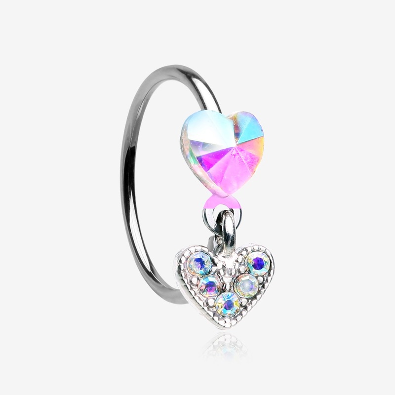 Aurora Prism Heart Sparkle Dangle Bendable Hoop Ring 20 GA (0.8mm), 5/16″ (8mm)