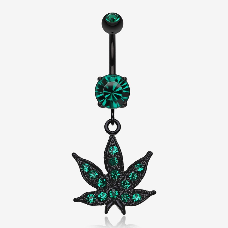 Blackline Marijuana Leaf Sparkle Belly Button Ring