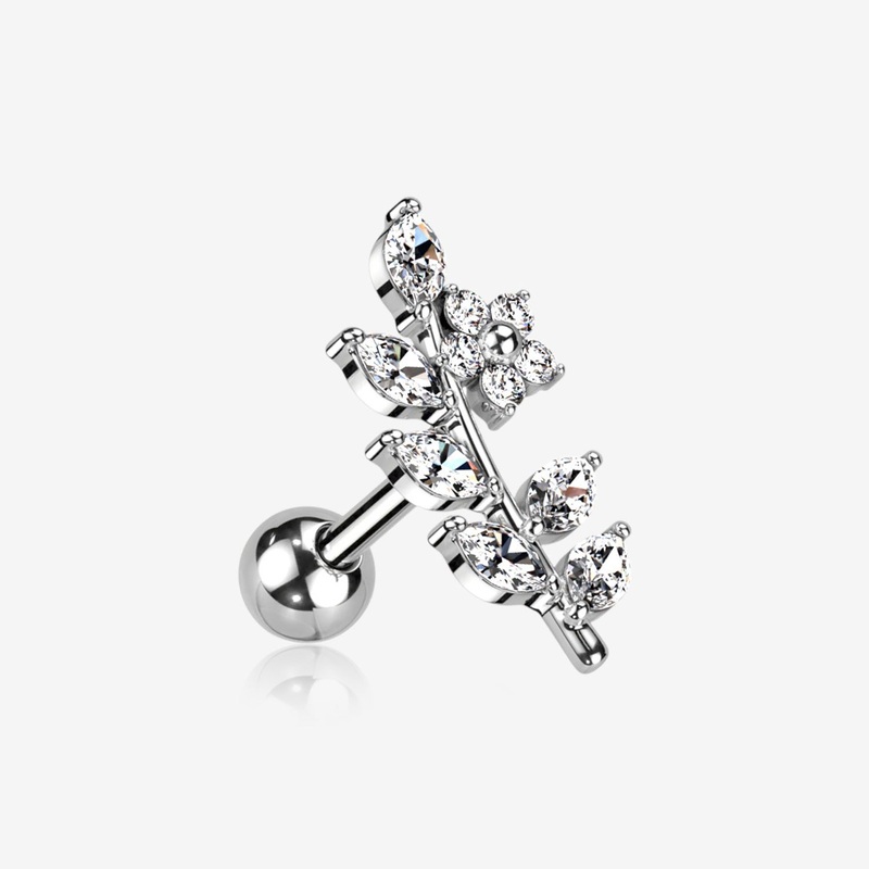 Brilliant Sparkle Flower Vine Leaflets Sparkle Cartilage Tragus Barbell Stud