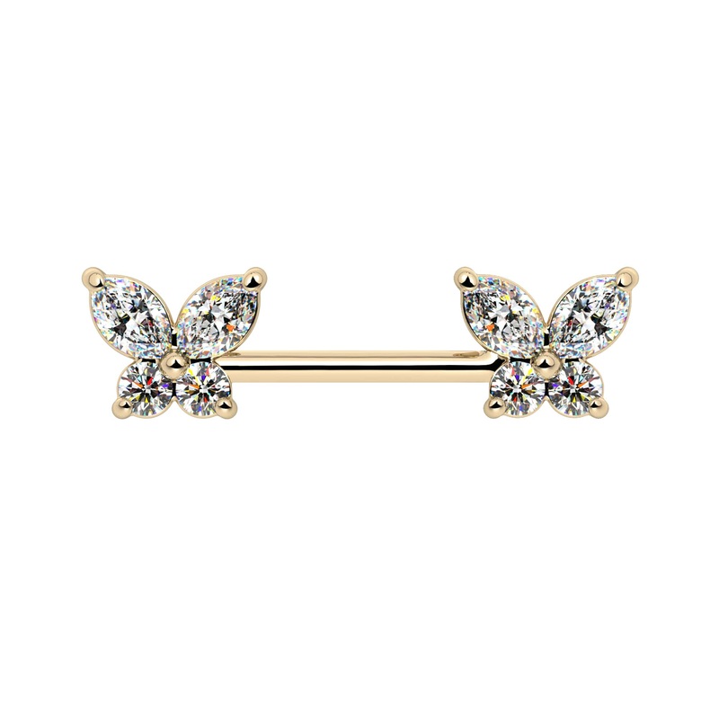Butterfly Nipple Barbell 14K Yellow Gold Cubic Zirconia 14G, 1/2″ (13mm)