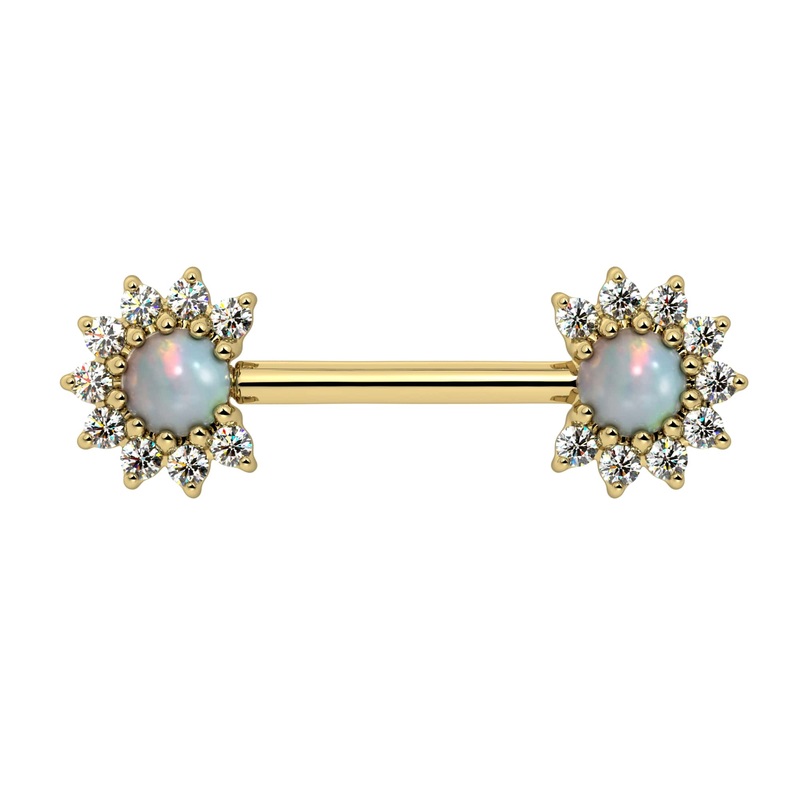 Cabochon Halo Nipple Barbell Opal 14K Yellow Gold 14G, 1/2″ (13mm)