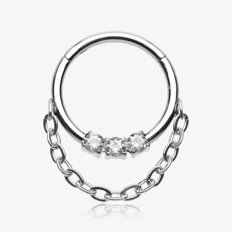 Chained Classic 3 Gem Sparkle Clicker Hoop Ring 16 GA (1.2mm), 5/16″ (8mm)