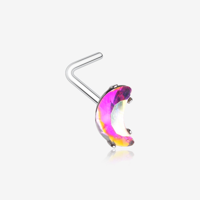 Crescent Moon Aurora Gem Sparkle L-Shaped Nose Ring