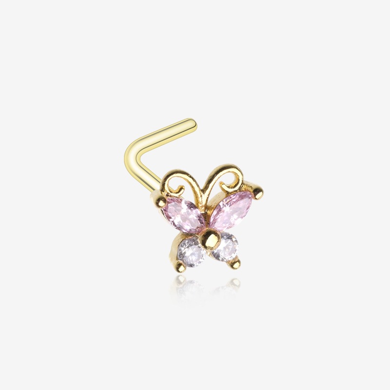 Golden Dainty Butterfly Rose Sparkle Multi-Gem L-Shaped Nose Ring