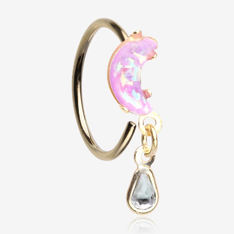 Golden Opalescent Crescent Moon with Teardrop Dangle Sparkle Bendable Hoop Ring 20 GA (0.8mm), 5/16″ (8mm)