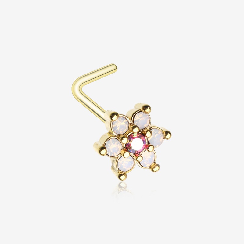Golden Opalite Rose Spring Flower Sparkle L-Shaped Nose Ring