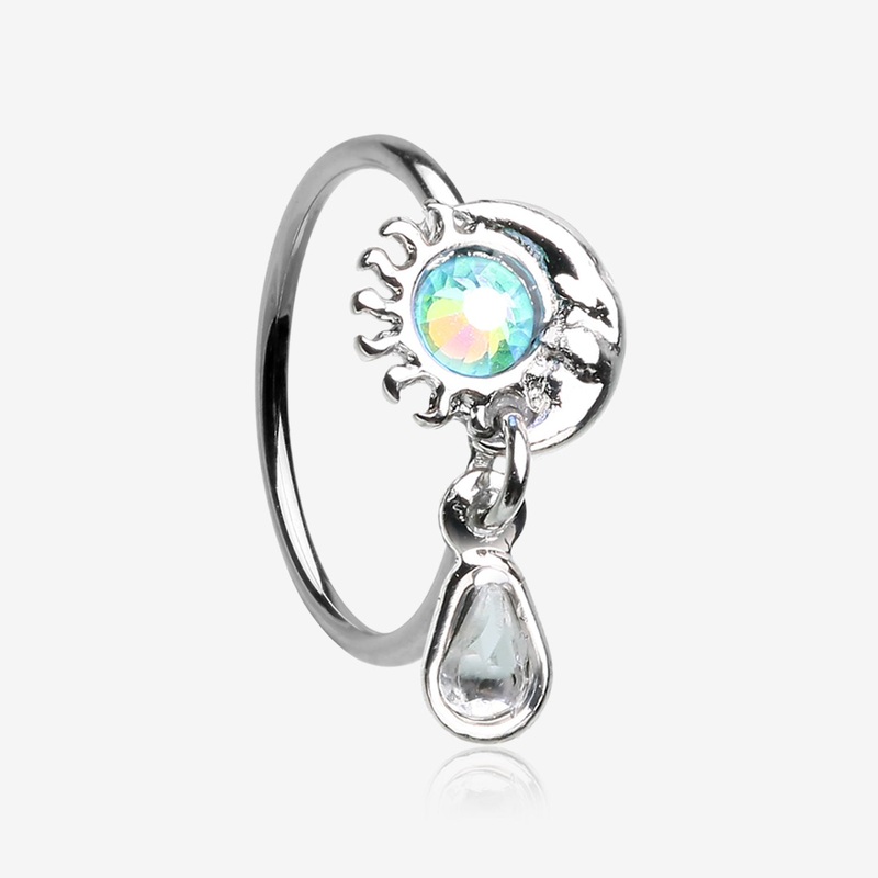 Iridescent Sun and Crescent Moon Sparkle Dangle Bendable Hoop Ring 20 GA (0.8mm), 5/16″ (8mm)
