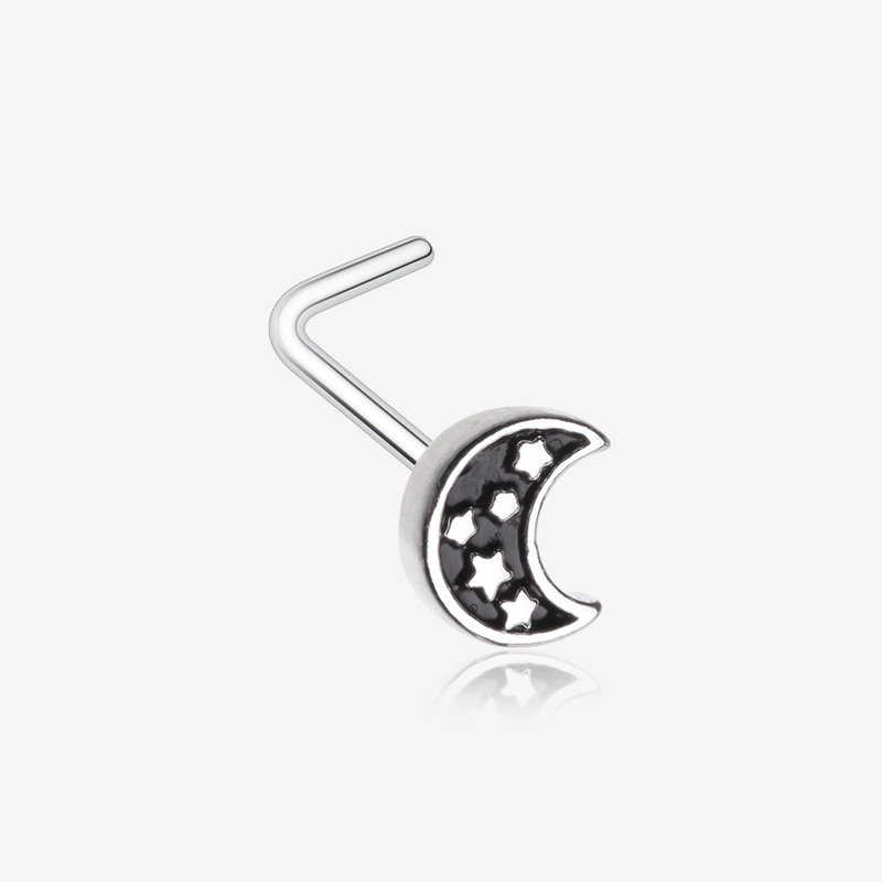 Midnight Crescent Moon Inner Stars L-Shaped Nose Ring