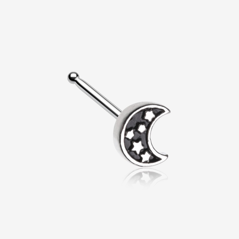 Midnight Crescent Moon Inner Stars Nose Stud Ring