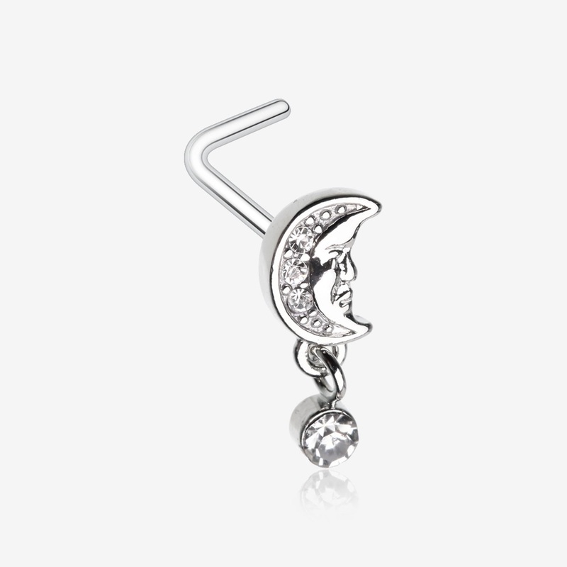 Vintage Crescent Moon Face Sparkle Dangle L-Shaped Nose Ring