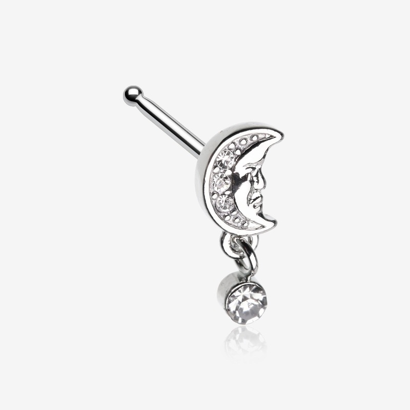 Vintage Crescent Moon Face Sparkle Dangle Nose Stud Ring