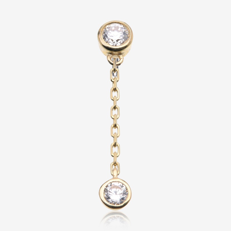 14 Karat Gold OneFit Threadless Double Round Gem Chained Dangle Top Part
