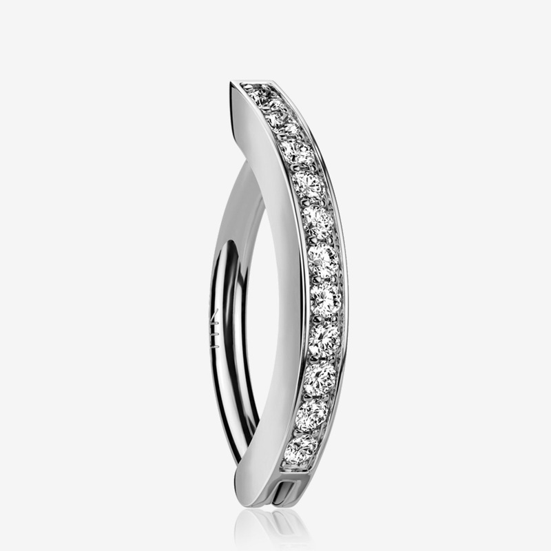 14 Karat White Gold Sparkle Gem Lined Minimalist Curved Bar Belly Clicker