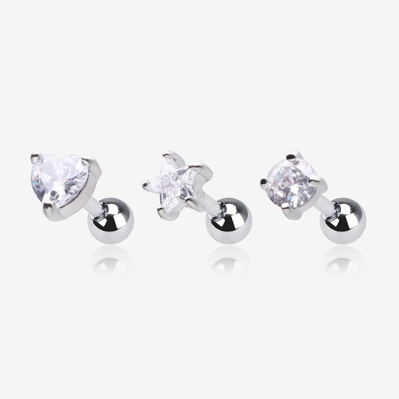 3 Pcs of Assorted Design Sparkle Gems Cartilage Tragus Barbell Earring Package
