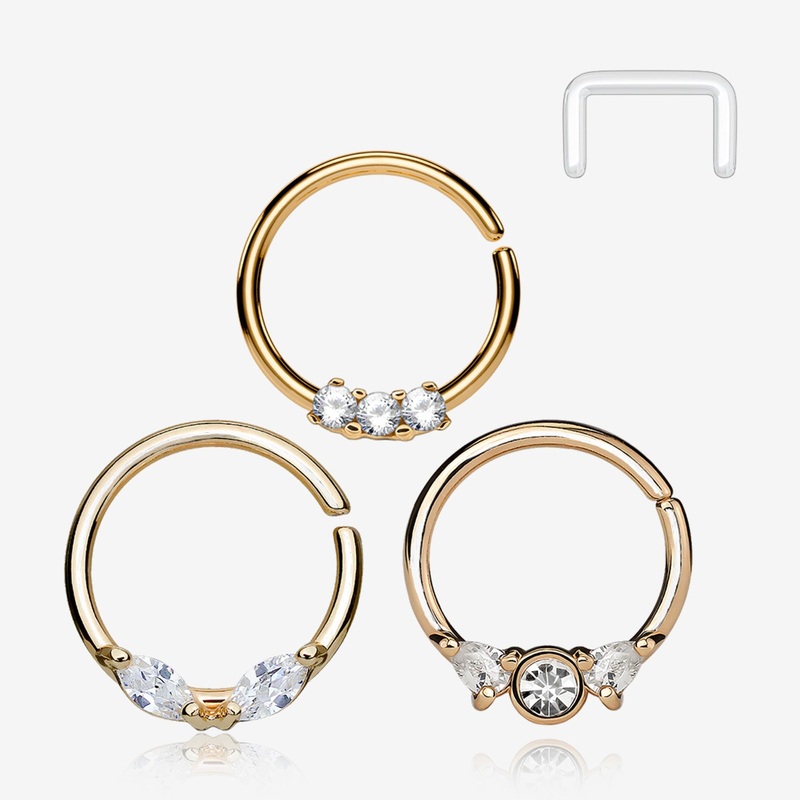 3 Pcs of Assorted Rose Gold Dainty Gem Bendable Hoop Ring with Clear Retainer Package