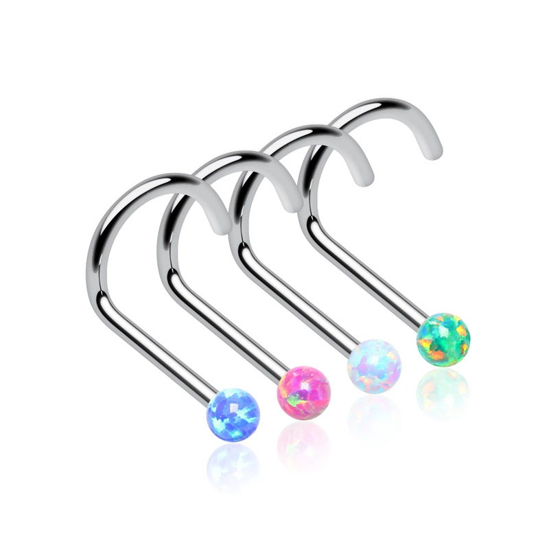 4 Pcs of Assorted Color Fire Opal Ball Top Nose Screw Ring Package 20 GA (0.8mm), 1/4″ (6mm), Top: 2mm