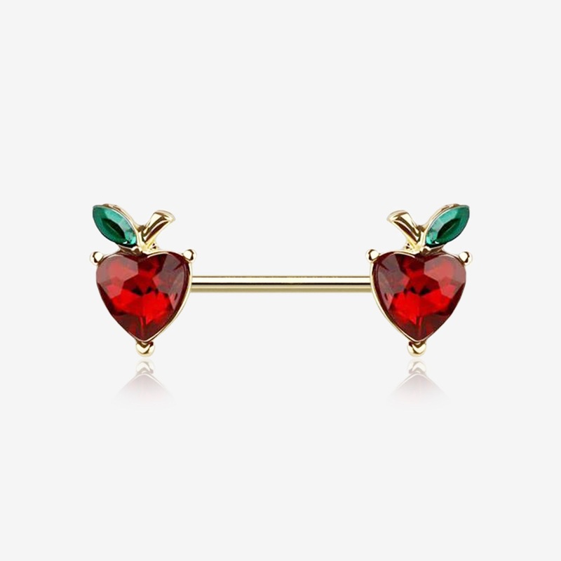 A Pair of Golden Adorable Red Apple Fruit Sparkle Nipple Barbell