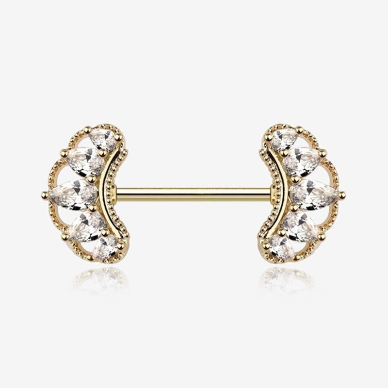 A Pair of Golden Bohemian Arc Elegance Sparkle Nipple Barbell