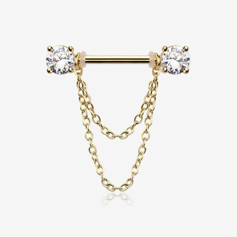 A Pair of Golden Gem Sparkle Double Chained Nipple Barbell