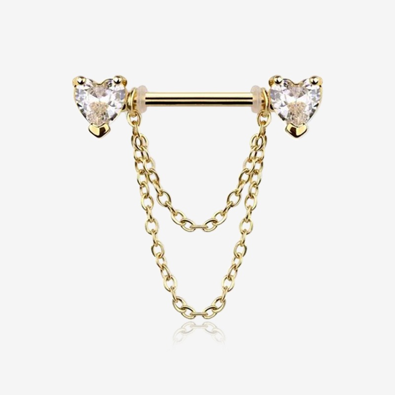 A Pair of Golden Heart Gem Sparkle Double Chained Nipple Barbell