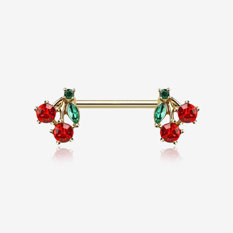 A Pair of Golden Luscious Cherry Fruit Sparkle Nipple Barbell