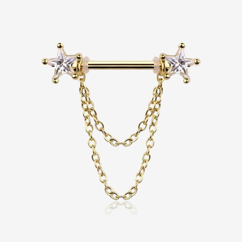 A Pair of Golden Star Gem Sparkle Double Chained Nipple Barbell