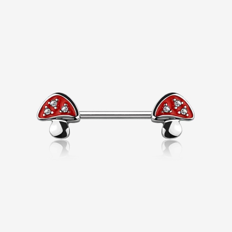 A Pair of Poison Red Mushroom Sparkle Nipple Barbell