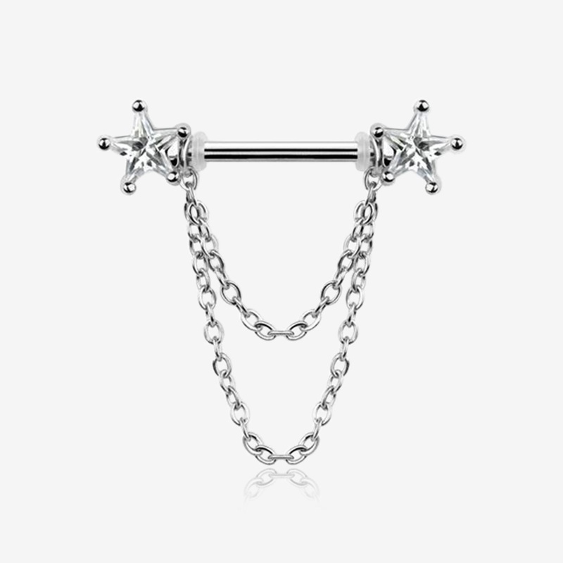 A Pair of Star Gem Sparkle Double Chained Nipple Barbell