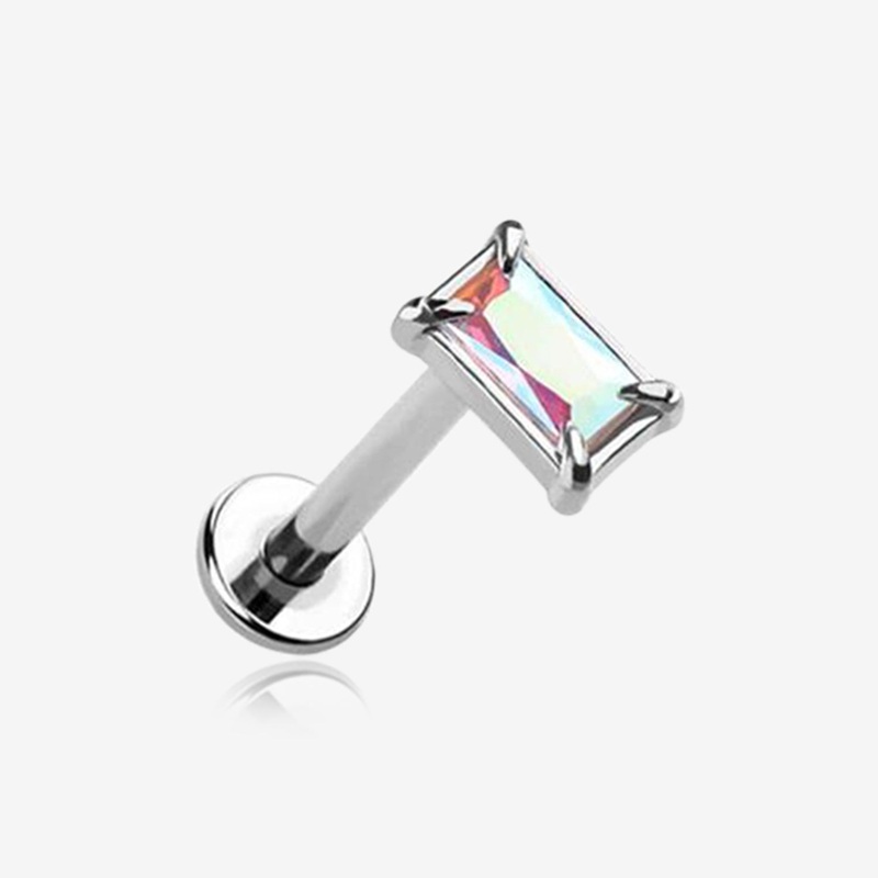 Baguette Prong Set Sparkle Top Internally Threaded Labret Flat Back Stud 16 GA (1.2mm), 1/4″ (6mm)