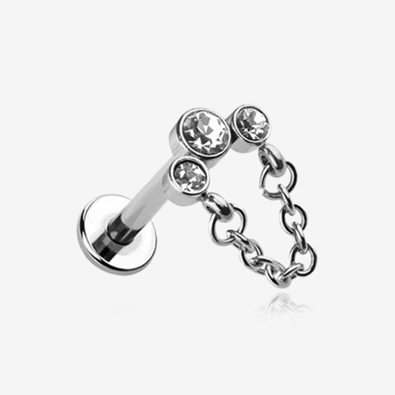 Chained Sparkle Trio Gem Top Internally Threaded Labret Flat Back Stud 16 GA (1.2mm), 1/4″ (6mm)